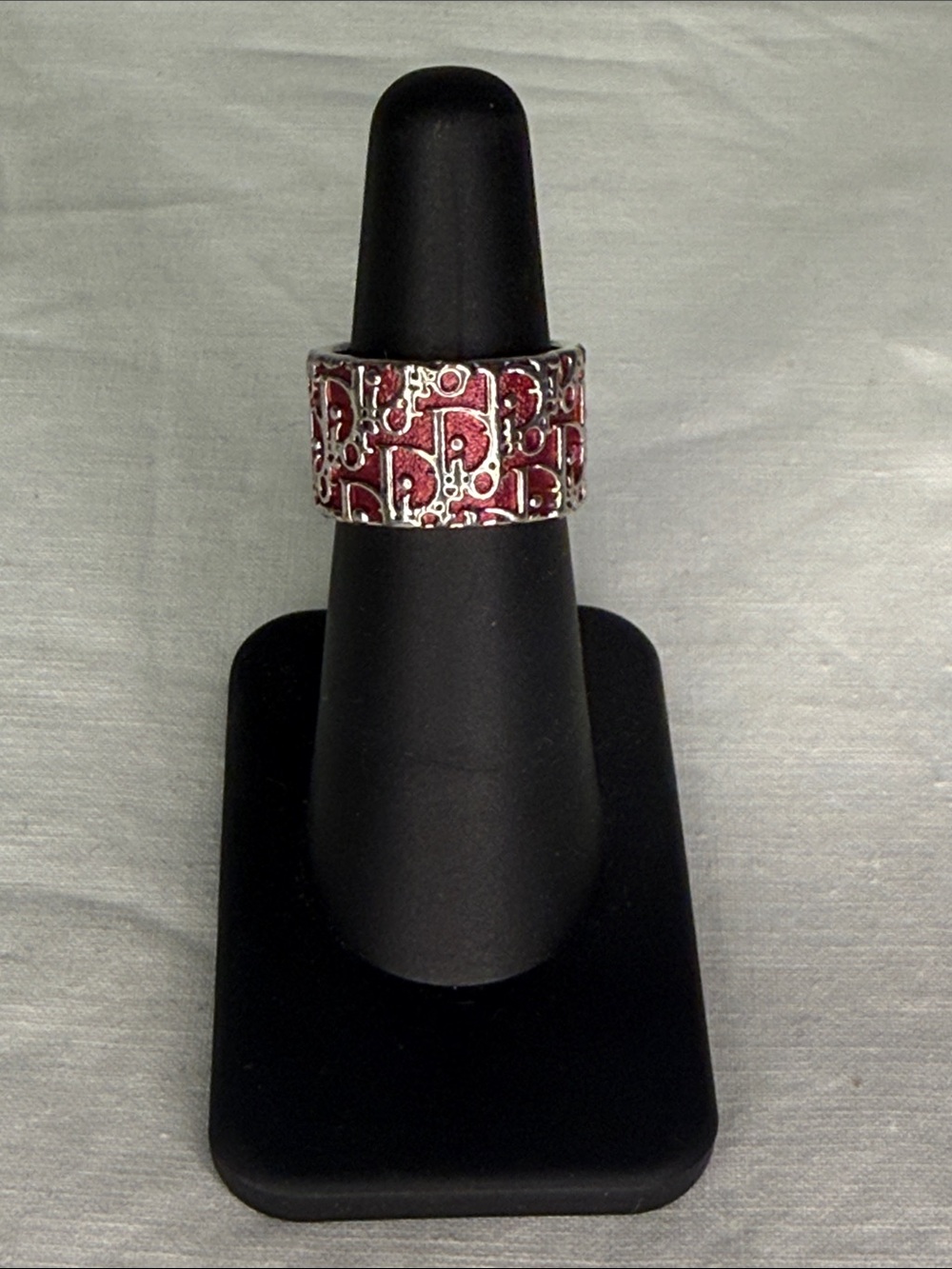 Christian Dior Oblique Trotter Logo Silver Tone Ring Red Enamel Size 5.5 / 51
